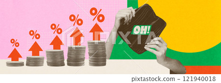 Illustration of stacked coins with upward percentage arrows and wallet, representing increasing interest rates and financial growth. Conceptual creative design. Illustration of stacked coins with upward percentage arrows and wallet, representing increasing interest rates and financial growth. Conceptual creative design. 121940018