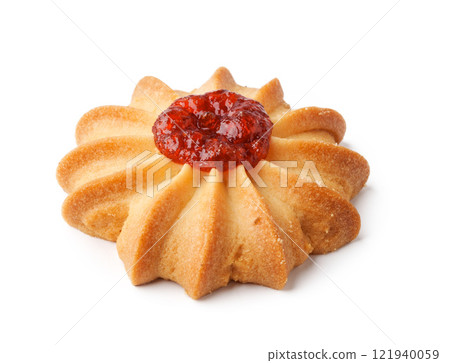 Sweet and buttery cookie topped with vibrant fruit jam on a white background Sweet and buttery cookie topped with vibrant fruit jam on a white background 121940059