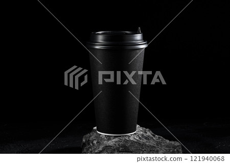 Black coffee cup stands on a textured rock surface against a dark background 121940068