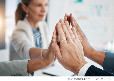 Hands of corporate, businesspeople or staff together in solidarity, unity and collaboration for common vision and mission. Trust team building group meeting of business professionals at office 121940080