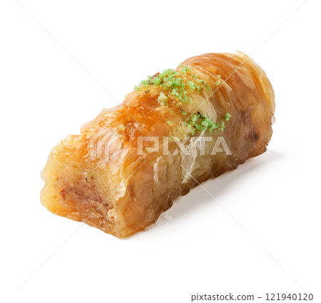 Delicious baklava dessert featuring layers of pastry, nuts, and honey on a clean white background Delicious baklava dessert featuring layers of pastry, nuts, and honey on a clean white background 121940120