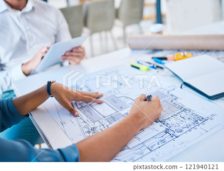 Architect sketching, designing blueprint or doing architecture, engineering or structure drawing on paper at a work studio with hands closeup. Business person working on a design project development Architect sketching, designing blueprint or doing architecture, engineering or structure drawing on paper at a work studio with hands closeup. Business person working on a design project development 121940121