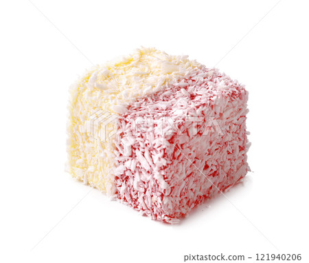 Delicious homemade coconut candy with a pink and white layer for sweet treats Delicious homemade coconut candy with a pink and white layer for sweet treats 121940206