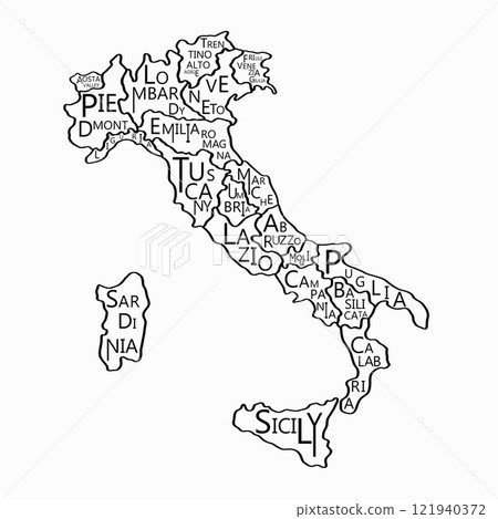 Italy map with province's name doodle freehand drawing. Italy map with province's name doodle freehand drawing. 121940372
