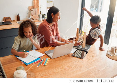 Homeschool, education and distance learning for children while mother helps son and daughter. Parent teaching and bonding with kids with home school homework, and education test for math and English Homeschool, education and distance learning for children while mother helps son and daughter. Parent teaching and bonding with kids with home school homework, and education test for math and English 121940458