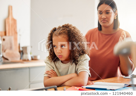 Unhappy, moody and angry little girl standing with arms crossed and looking upset while ignoring her mom. Upset, naughty and problem daughter or child and her angry or disappointed mother at home Unhappy, moody and angry little girl standing with arms crossed and looking upset while ignoring her mom. Upset, naughty and problem daughter or child and her angry or disappointed mother at home 121940460