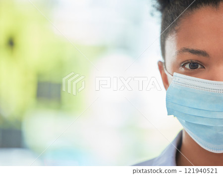 Humanity, care and protection person in covid mask with half face pose on bokeh or blurred healthcare background. Hygiene woman covering face to stop the spread of virus or disease Humanity, care and protection person in covid mask with half face pose on bokeh or blurred healthcare background. Hygiene woman covering face to stop the spread of virus or disease 121940521