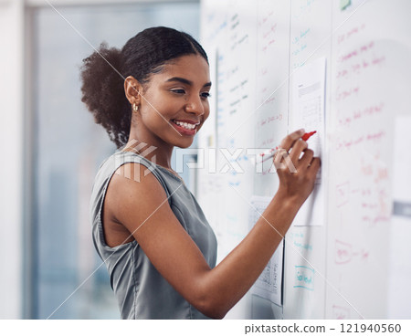 Female leader, manager or boss giving a presentation, seminar or workshop during a meeting in the boardroom. Young business woman writing on a whiteboard while teaching a class in a corporate office 121940560