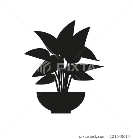 Black linocut silhouette of potted houseplant stromanthe Black linocut silhouette of potted houseplant stromanthe 121940614