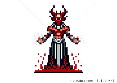 A pixelated image of Lucifer with a menacing appearance, in black and red armor, with fire around his legs, on a white background. A pixelated image of Lucifer with a menacing appearance, in black and red armor, with fire around his legs, on a white background. 121940671