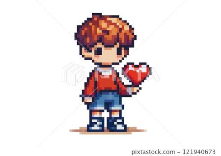 Pixel art of a character with short brown hair, wearing a red sweater, blue shorts, and white sneakers, holding a red heart on a white background. Pixel art of a character with short brown hair, wearing a red sweater, blue shorts, and white sneakers, holding a red heart on a white background. 121940673