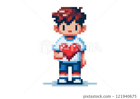 Pixel art of a character with short brown hair, wearing a white t-shirt, blue shorts and white sneakers, holding a red heart. Pixel art of a character with short brown hair, wearing a white t-shirt, blue shorts and white sneakers, holding a red heart. 121940675