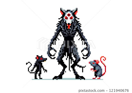 Pixel art depicting a menacing wererat with two smaller rats on either side creating a dark fantasy scene. 121940676