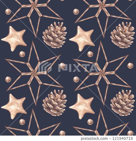 Seamless pattern with spruce fir cones, wooden stars and bead balls. Christmas New Year gnome collection. Hand draw watercolor illustration dark background. Textile, print, wrapping paper 121940718