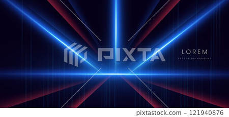 Abstract futuristic glowing blue and red neon light ray with speed motion moving on dark blue background. Abstract futuristic glowing blue and red neon light ray with speed motion moving on dark blue background. 121940876