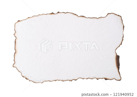 A piece of white paper with burnt edges on a white background 121940952