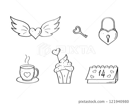 Vector doodle Valentine's Day cartoon icons. Hand drawn symbols of love. Vector doodle Valentine's Day cartoon icons. Hand drawn symbols of love. 121940980