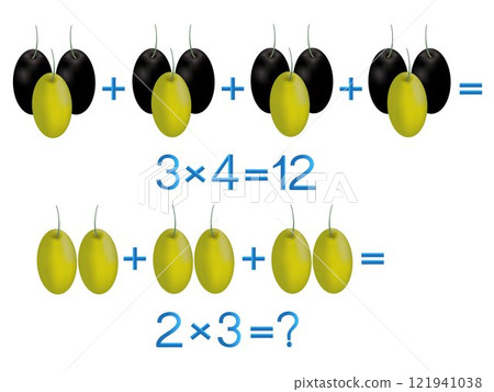 Educational games for children, multiplication action, example with olives. Educational games for children, multiplication action, example with olives. 121941038