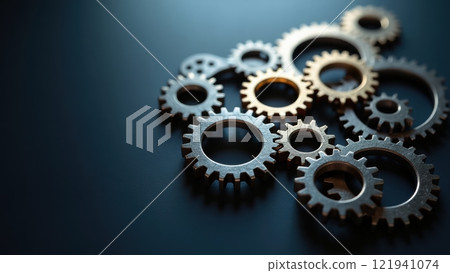 Intricately Designed Polished Metal Gears on Surface 121941074