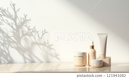 Elegant Cream-Colored Marble Table Displaying Products 121941082