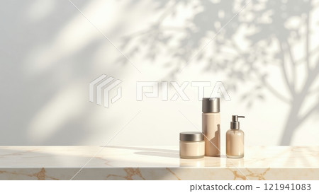 Elegant Cream-Colored Marble Table Display with Products 121941083