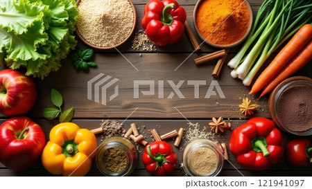 Rustic Wooden Table with Fresh Ingredients and Spices 121941097