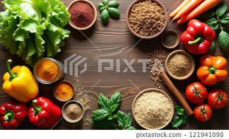 Rustic Wooden Table View with Fresh Vegetables and Spices 121941098