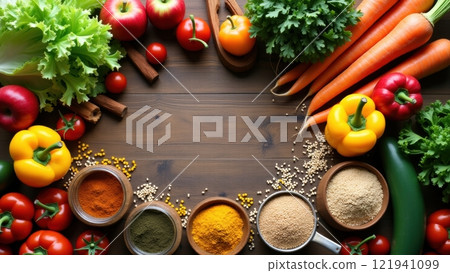 Rustic Wooden Table with Fresh Vegetables and Spices 121941099