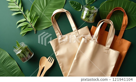 Vibrant Eco-Friendly Flatlay with Bags and Plants 121941104