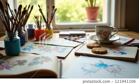Vibrant Organized Flatlay of Artistic Supplies 121941106