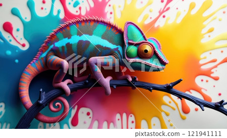 Vibrant Chameleon on Colorful Background 121941111