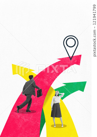 Businessman walking on red arrow towards location pin while businesswoman stands on yellow and green pathways, symbolizing decision-making and direction. Conceptual design 121941799
