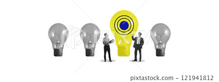 Business people standing near oversized yellow light bulb among smaller gray light bulbs, symbolizing creative ideas and innovation. Conceptual design 121941812