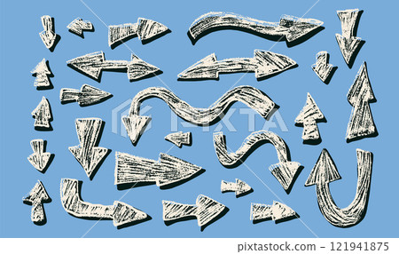 Arrows set. Crayon drawing pointers marks for collage. Vector hand drawn collection elements illustration. Arrows set. Crayon drawing pointers marks for collage. Vector hand drawn collection elements illustration. 121941875