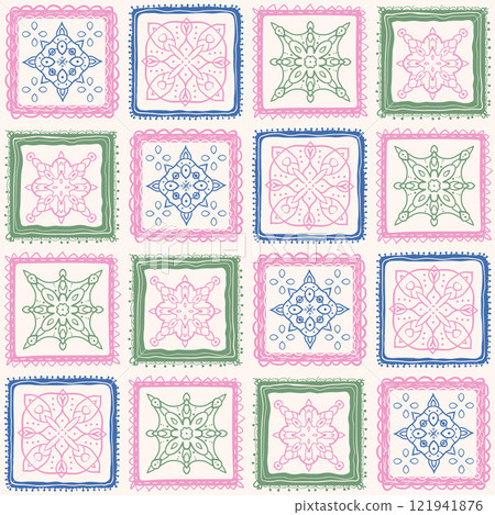 Backsplash preppy seamless pattern with abstract ornament. Geometric scribble endless background. Tile repeat cover. Abstract continuous ornament. Vector hand drawn illustration. 121941876