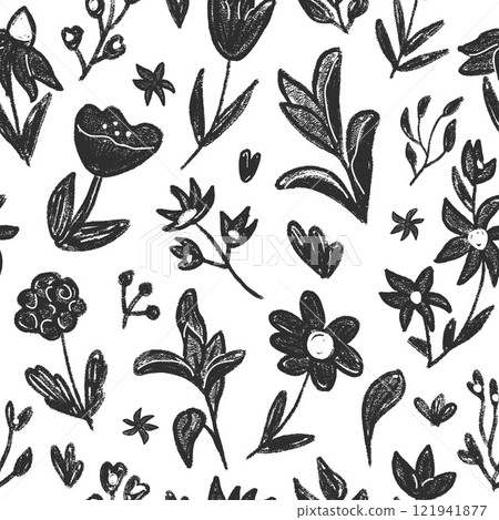 Various flowers seamless pattern. Black and white floral stencil allover background. Poppy, peony, cosmos chalk drawn repeat cover. Surface pattern spring motif. Vector monochrome illustration Various flowers seamless pattern. Black and white floral stencil allover background. Poppy, peony, cosmos chalk drawn repeat cover. Surface pattern spring motif. Vector monochrome illustration 121941877