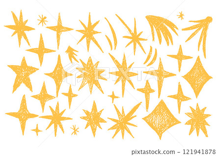 Crayon sparkle stars set. Space shine shapes and blings doodle pack. Comets and blinking on night sky. Vector handdrawn by pencil or pastel illustration isolated on white background. 121941878