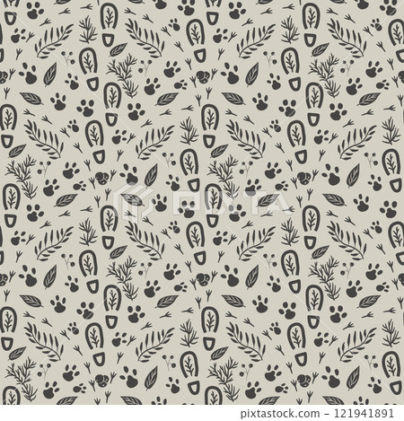 Folk woodland seamless pattern. Forest endless background. Scandinavian monochrome repeat cover. Surface pattern design footprint motif. Vector hand drawn illustration. 121941891