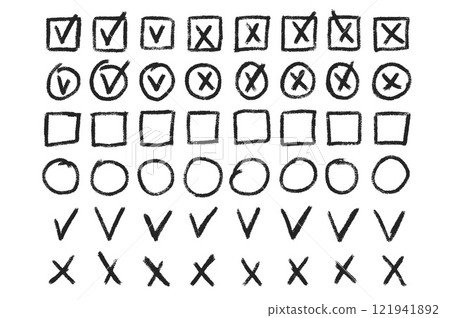 Set of checkboxes. Tick and check marks pack. Cross and v sign pencil drawn. Correct and wrong symbols. Vector doodle collection illustration isolated on white background 121941892