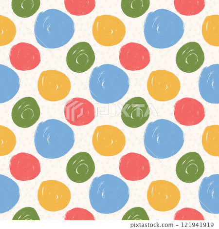 Polka dots abstract seamless pattern crayon drawn. Circular spots allover background. Round brush blobs repeat cover. Scribble oval elements marker draw. Vector surface design festive motif. 121941919