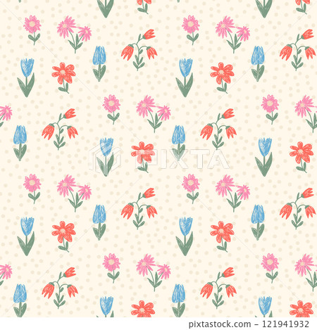 Flowers crayon drawn seamless pattern. Floral allover background. Line art stroke botany repeat backdrop. Surface pattern design spring motif. Vector hand drawn illustration 121941932