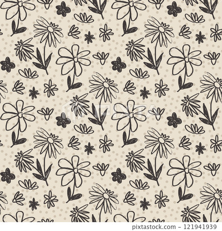 Flowers seamless pattern. Black floral stencil allover background. Marker drawn repeat cover. Surface pattern spring motif on beige bg. Vector hand drawn monochrome illustration 121941939