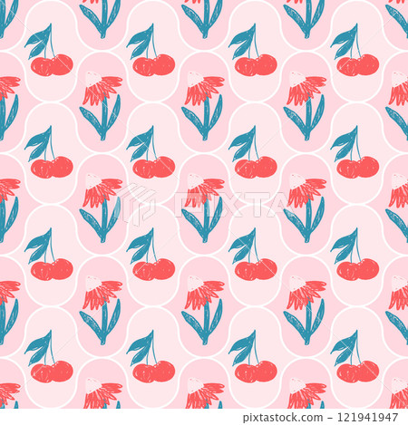 Flowers with cherry crayon drawn seamless pattern. Floral coquette allover background. Damask botanic with cherry repeat backdrop. Surface pattern design spring motif. Vector hand drawn illustration 121941947
