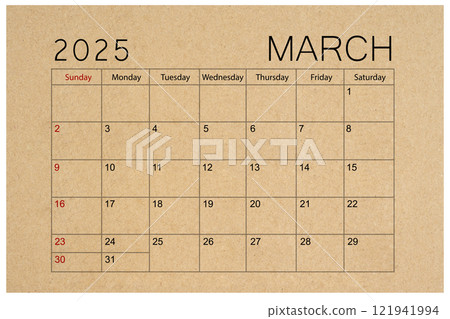 Brown paper calendar for March 2025 isolated on white background. 121941994