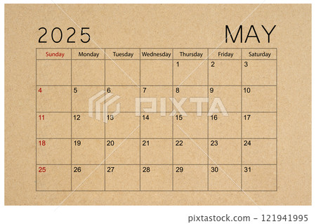 Brown paper calendar for May 2025 isolated on white background. 121941995
