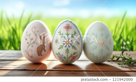 Handmade decorative Easter eggs decorated with embroidery and flowers Handmade decorative Easter eggs decorated with embroidery and flowers 121942000