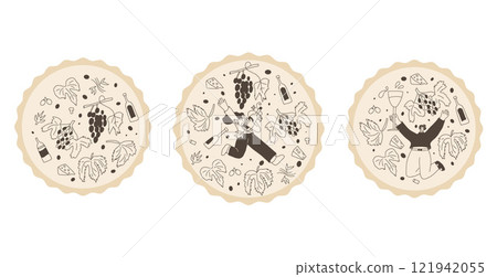 Wine club emblem set. Woman with wine bottle on round stamp. Tasting event circular perforated edges label. Party with alcohol drinks. Person visit a winery. Vector hand drawn doodle illustration Wine club emblem set. Woman with wine bottle on round stamp. Tasting event circular perforated edges label. Party with alcohol drinks. Person visit a winery. Vector hand drawn doodle illustration 121942055