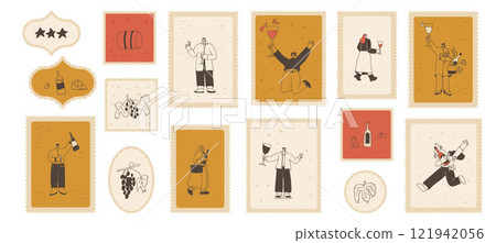 Wine lover on postage stamps set. Tasting event square zigzag edges emblem. Party with grape alcohol drinks. Women and man with wineglasses visit a vineyard. Vector hand drawn doodle illustration Wine lover on postage stamps set. Tasting event square zigzag edges emblem. Party with grape alcohol drinks. Women and man with wineglasses visit a vineyard. Vector hand drawn doodle illustration 121942056
