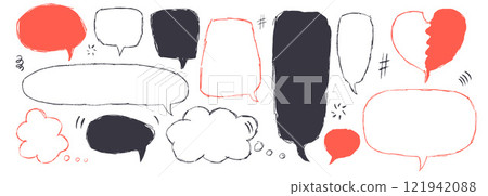 Speech bubbles set. Crayon doodle text frames. Chat dialog boxes. Comic talk clouds by chalk or pencil isolated on white background. Childish style quotation balloon Vector hand drawn illustration 121942088