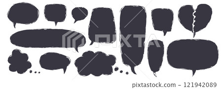 Speech bubbles set. Crayon doodle text frames. Chat dialog boxes. Comic talk clouds by chalk or pencil isolated on white background. Childish style quotation balloon Vector hand drawn illustration 121942089